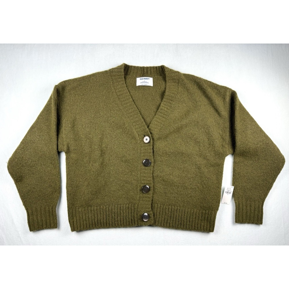 Old Navy Shaker Grandpa Cardigan Sweater S Green Wool Blend Boxy Cottagecore NWT